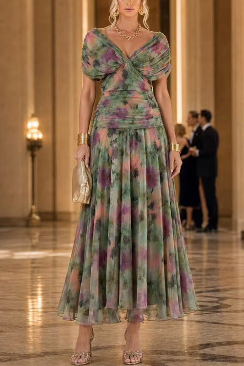 Margovil V Neck Ruched Floral Print Maxi Dress