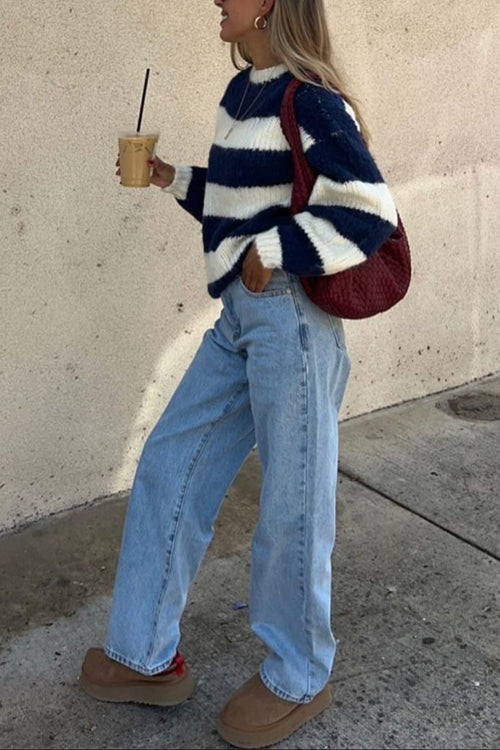 Margovil Drop Shoulder Striped Casual Pullover Sweater