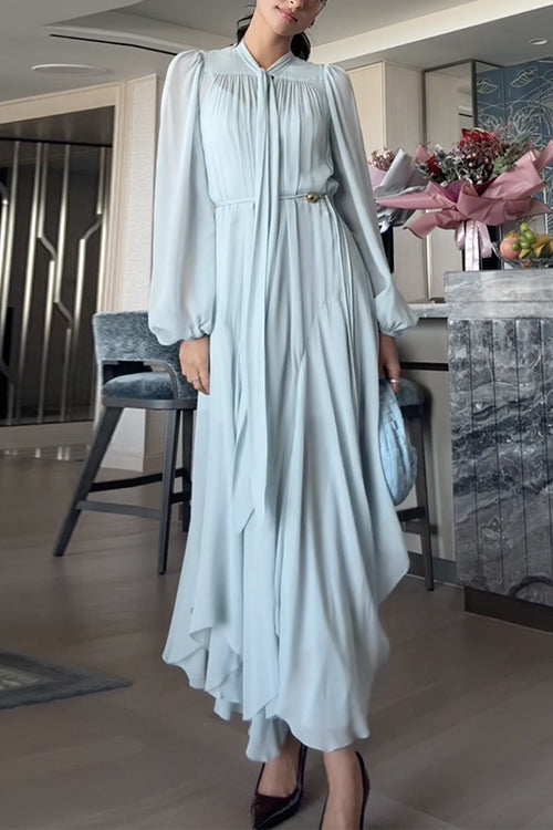 Tie Neck Lantern Long Sleeves Irregular Hem Maxi Dress