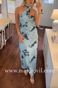 Margovil Halter Sleeveless Floral Print Mesh Maxi Dress