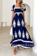 Square Neck Backless Abstract Print Maxi Dress