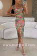 Back Low-cut Slit Floral Print Bodycon Midi Cami Dress