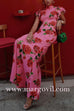 Ruffled Cap Sleeves Rose Print Maxi Cheongsam Dress