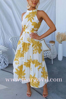 Sleeveless Cut Out Tie Back Printed Midi Dress