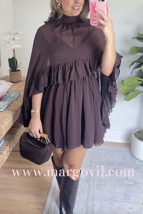 High Neck Sheer Ruffle Trim Cape Mini Dress