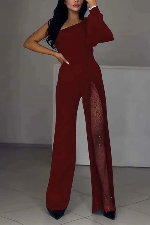 Margovil Stylish One Shoulder Slit Long Sleeve Mesh Splice Wide Leg Jumpsuit