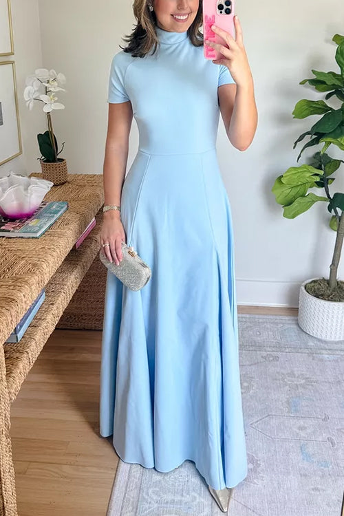 Mockneck Short Sleeves Waisted Swing Maxi Dress
