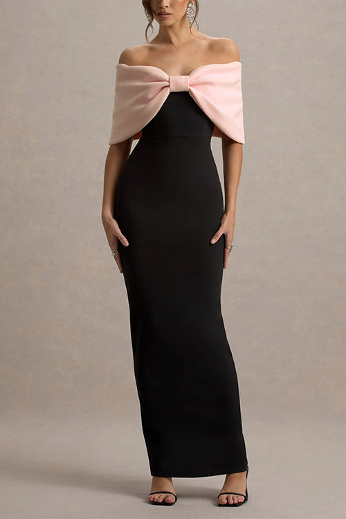Bow Off Shoulder Color Block Back Slit Maxi Dress