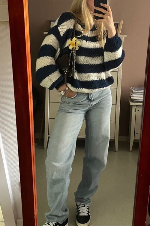 Margovil Drop Shoulder Striped Casual Pullover Sweater