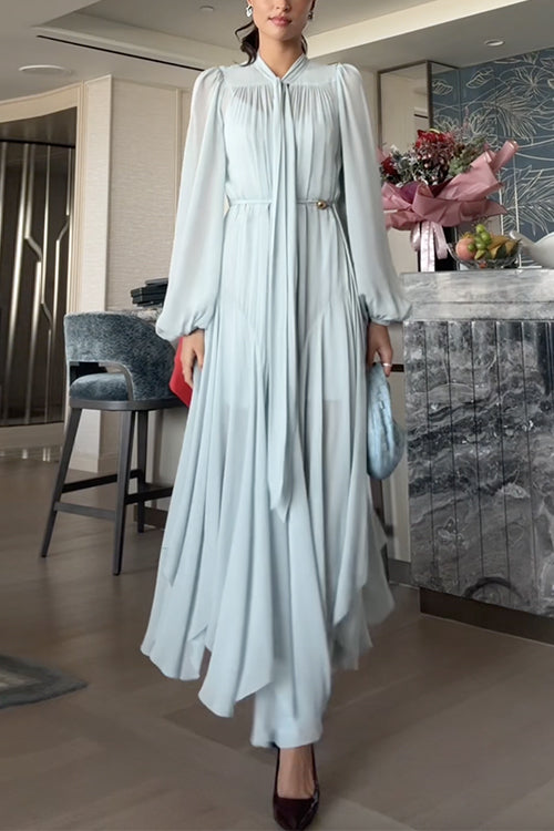Tie Neck Lantern Long Sleeves Irregular Hem Maxi Dress