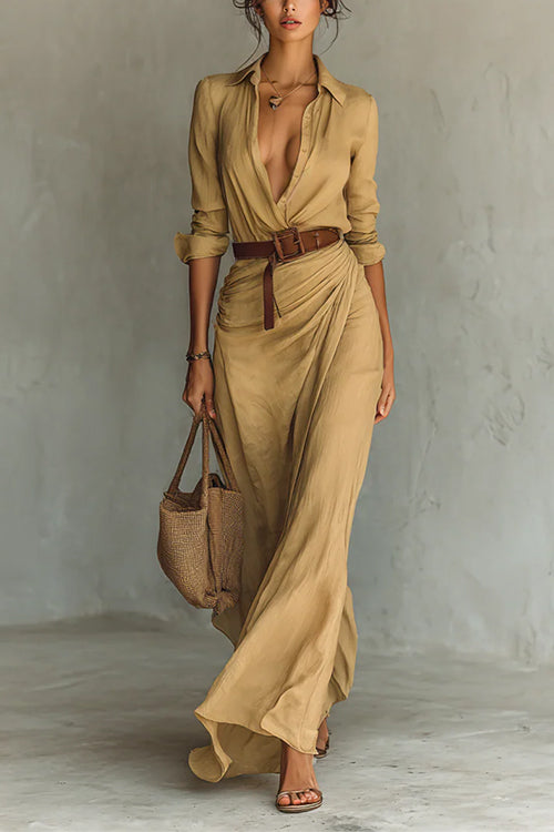 Margovil Lapel Long Sleeves Button Up Maxi Dress With Belt