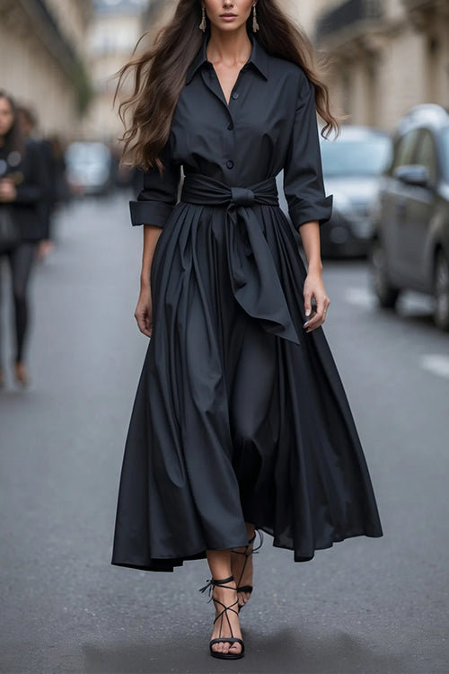 Margovil Long Sleeves Button Up Bow Waist Maxi Dress
