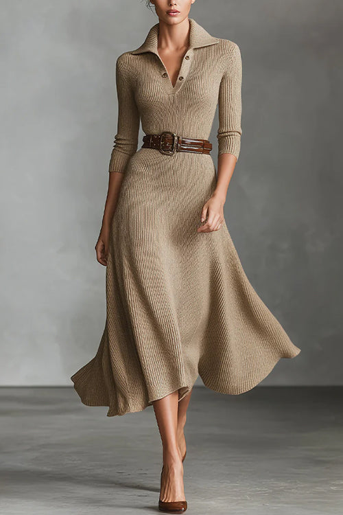Buttoned V Neck Ribbed Knit Midi Sweater Dress
