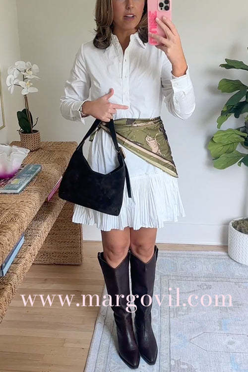 Long Sleeves Button Up Pleated Hem Mini Shirt Dress