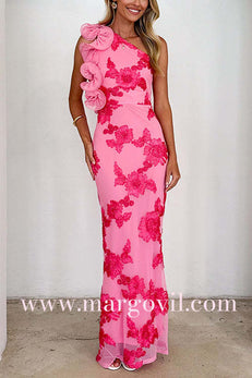 Ruffle One Shoulder Floral Mesh Maxi Dress