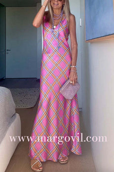V Neck Sleeveless Plaid Maxi Dress