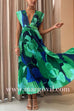 Margovil V Neck Waisted Back Cut Out Printed Maxi Pleated Dress
