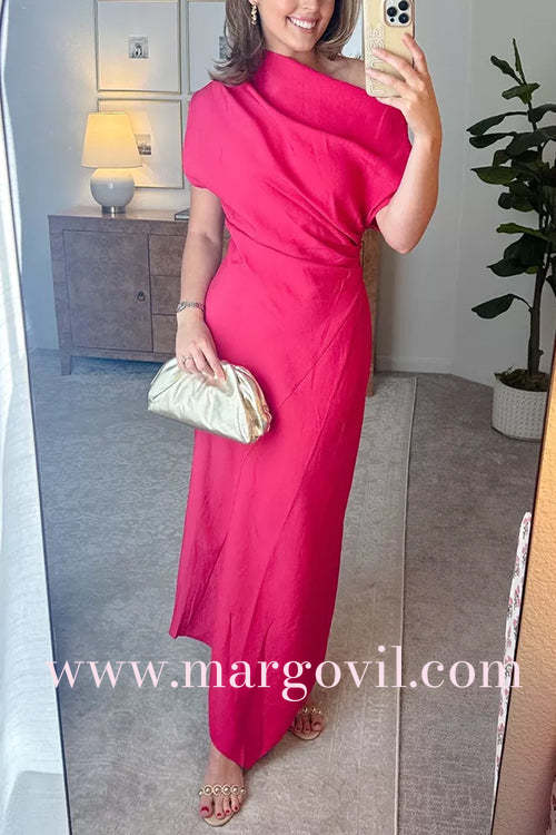 Draped Asymmetrical Shoulder Solid Maxi Party Dress