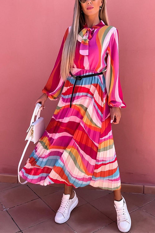 Margovil Tie Neck Long Sleeves Color Block Pleated Maxi Dress