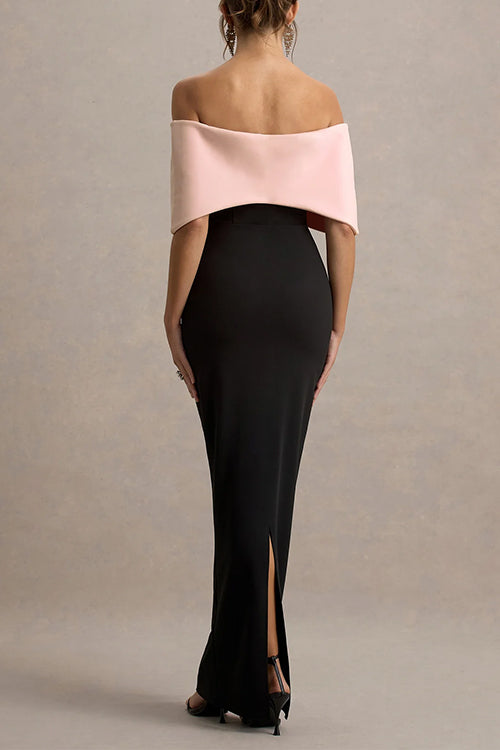 Bow Off Shoulder Color Block Back Slit Maxi Dress