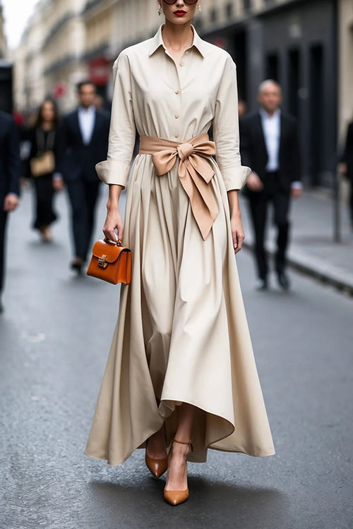 Margovil Lapel Long Sleeves Button Up Tie Waist Maxi Dress