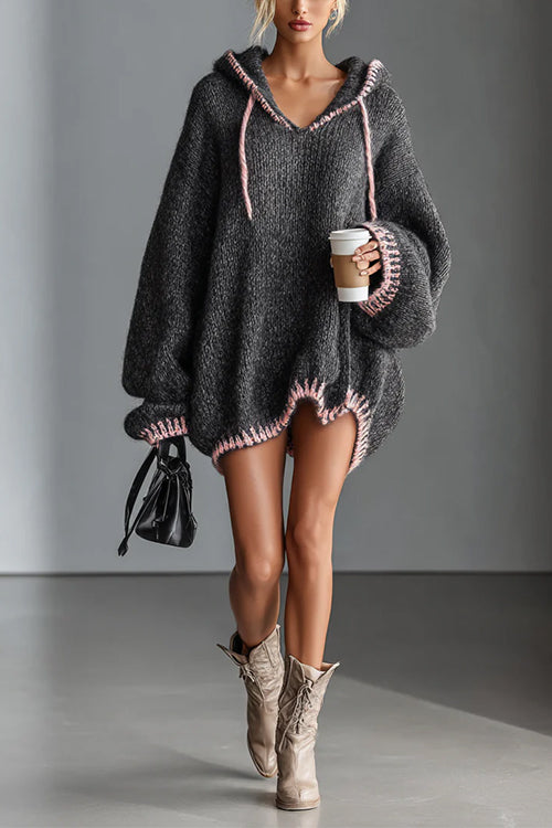 Drawstring Hooded V Neck Lantern Sleeves Mini Sweater Dress