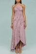 Margovil Strappy Halter Neck Ruffle Trim Asymmetric Hem Pleated Maxi Dress