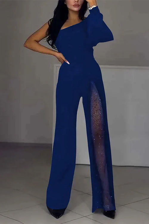 Margovil Stylish One Shoulder Slit Long Sleeve Mesh Splice Wide Leg Jumpsuit