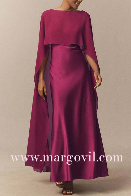V Neck Open Back Cape Satin Maxi Dress