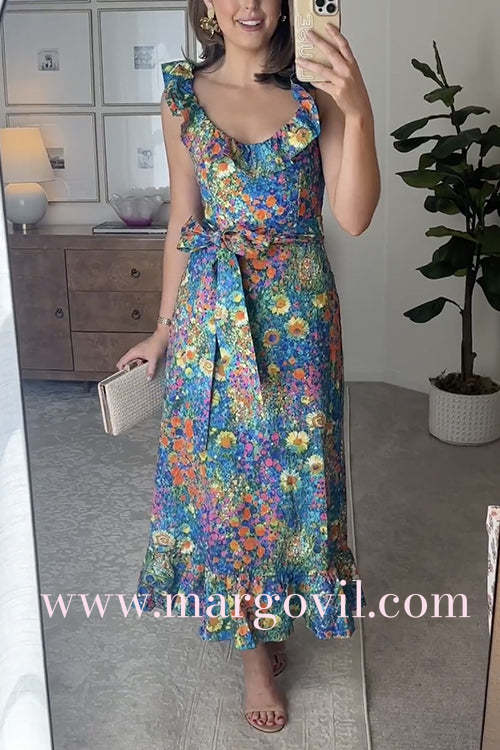 Sleeveless Ruffle Trim Bow Waist Floral Print Midi Vacation Dress