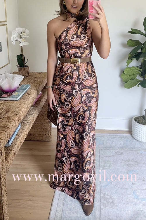 One Shoulder Sleeveless Paisley Print Maxi Dress