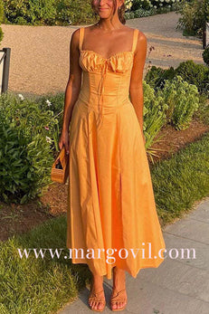 Margovil Drawstring Neck Slit Bustier Midi Cami Dress