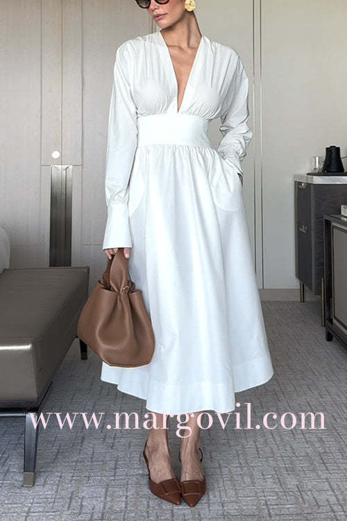 V Neck Long Sleeves Waisted Pocketed Midi Dress
