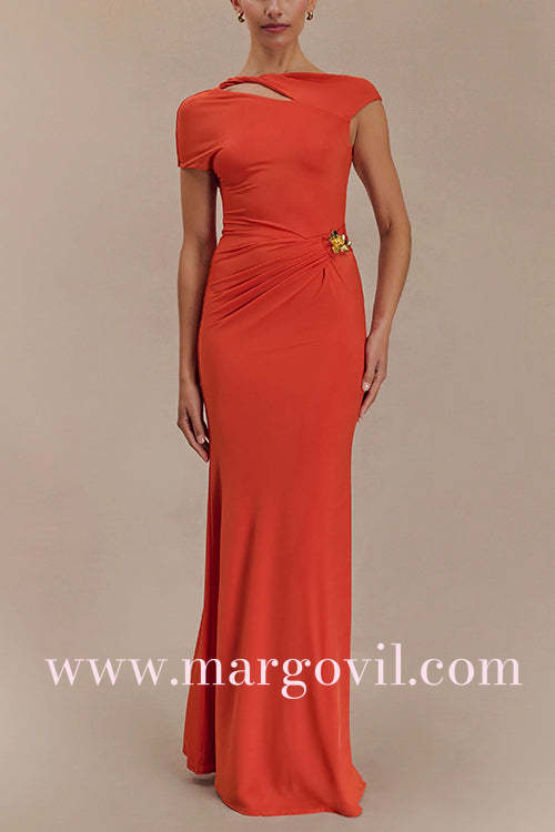 Short Sleeve Cut Out Backless Gold Flower Detail Maxi Dress