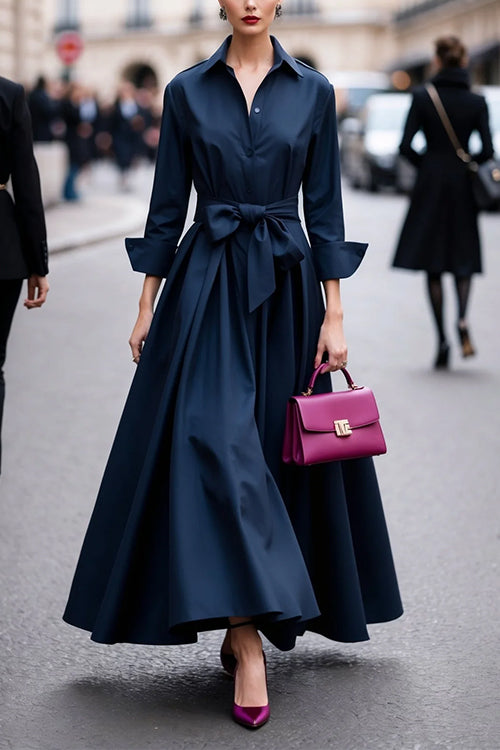 Margovil Lapel Long Sleeves Button Up Tie Waist Maxi Dress