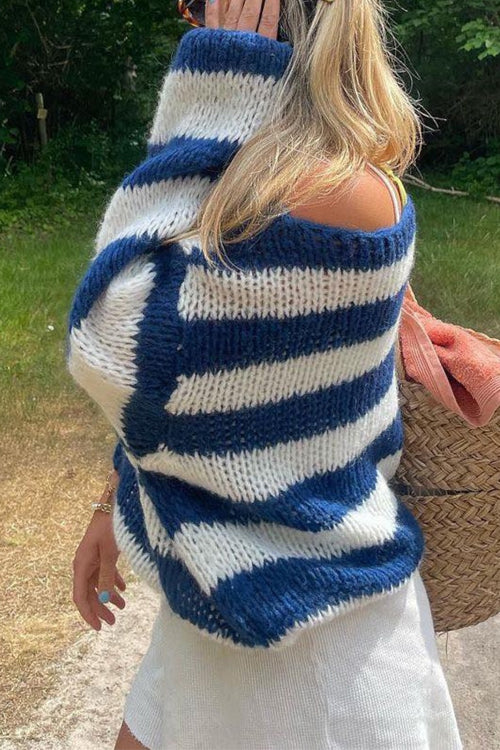 Margovil Drop Shoulder Striped Casual Pullover Sweater