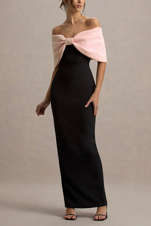 Bow Off Shoulder Color Block Back Slit Maxi Dress