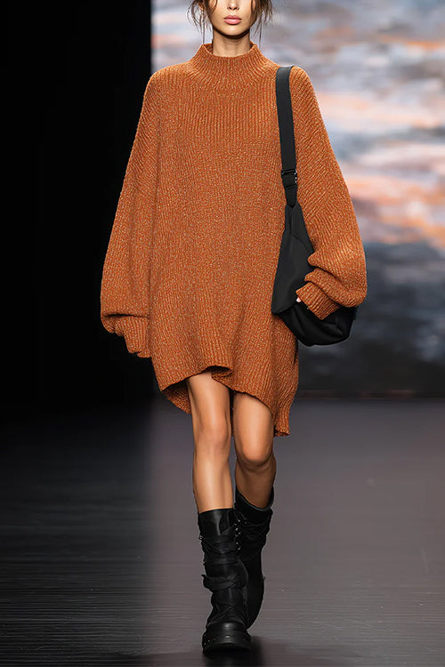 Turtleneck Lantern Sleeves Oversized Pullover Sweater Dress