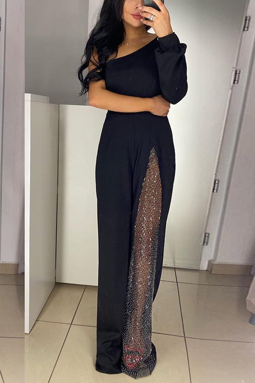 Margovil One Shoulder Long Sleeve Patchwork Wide Leg Jumpsuit