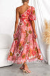 One Shoulder High Waist Floral Print Maxi Swing Dress