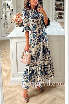 Bell Sleeves Waisted Landscape Printed Maxi Ruffle Dress