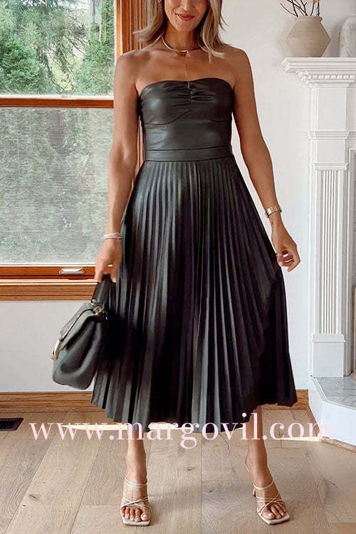 Strapless Pleated Faux Leather Midi Dress(2 Colors Available!)