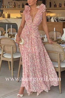 Margovil Deep V Neck Sleeveless Cut Out Floral Print Ruffle Maxi Dress