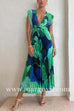 Margovil V Neck Waisted Back Cut Out Printed Maxi Pleated Dress