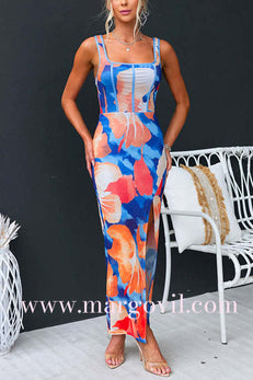 High Slit Waisted Floral Print Maxi Cami Dress