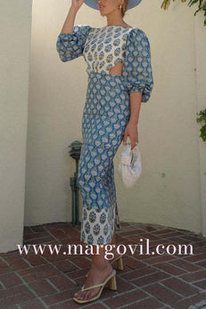 Margovil Lantern Sleeves Bow Back Cut Out Printed Midi Dress