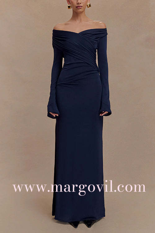 Off Shoulder Long Sleeves Ruched Solid Maxi Dress
