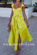 Margovil Ruffled Shoulder Bow Knot Waist Slit Printed Vintage Party Dress