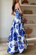 Strapless Ruched Bodice Full Skirt Floral Print Maxi Dress