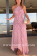 Margovil Strappy Halter Neck Ruffle Trim Asymmetric Hem Pleated Maxi Dress
